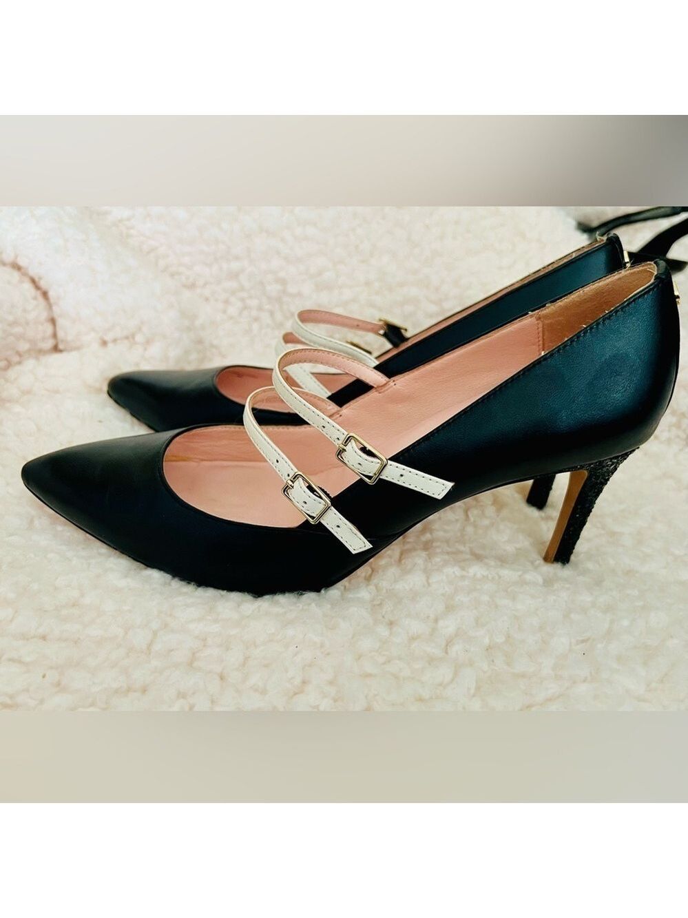 🎉HP🥳 Kate Spade Elpetha Heels in Black w/ Black Sparkle Heel & Cream Dbl Strap - Picture 3 of 16